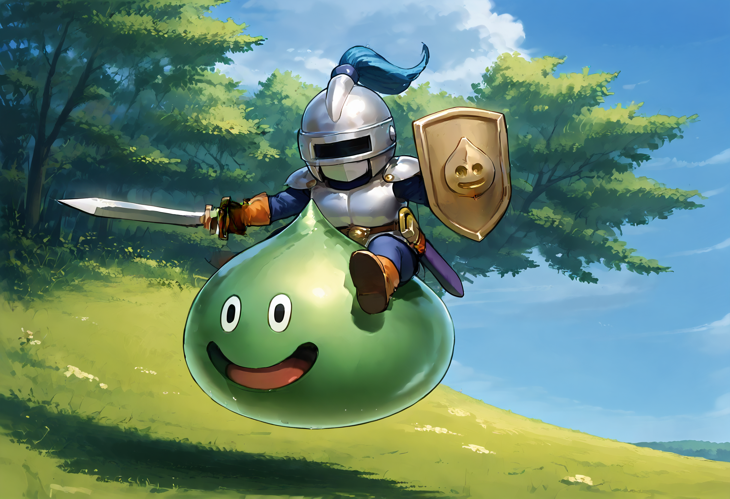 score_9,score_8_up,score_7_up,best quality,masterpiece,super detailed,full_body,zPDXL BREAK nature,field,2others,
<lora:Pony_DetailV2.0:1> BREAK slime knight,slime_(dragon_quest),armor,holding shield,holding sword,helmet,riding,knight,<lora:slime knight-v3-pony:0.7>,happy,jumping,