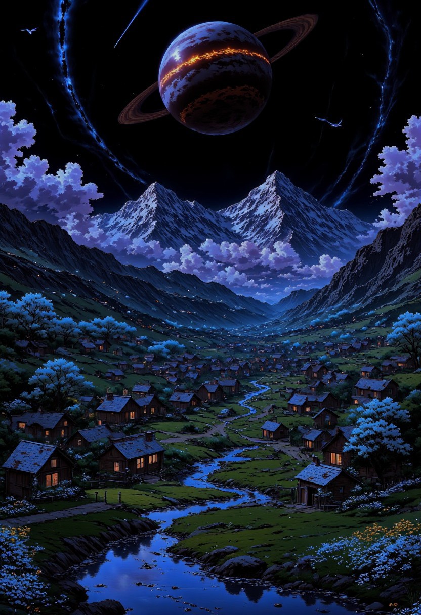 AnimeSky style, anime style, high lighting, Valley of small snowy mountains, with various small medieval houses around, with a stone path in the middle that reaches the horizon that accompanies a small river, with light clouds and a sunset of purple and blue tones, completely dark sky that has a planet with a ring of considerable size with reddish colors that emanates its own light covered by some clouds, stars, shooting stars, silhouettes of birds in the sky, magical luminescent plants that fill the valley and cherry trees