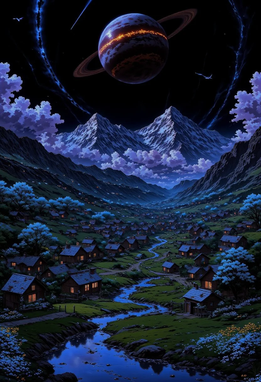 AnimeSky style, anime style, high lighting, Valley of small snowy mountains, with various small medieval houses around, with a stone path in the middle that reaches the horizon that accompanies a small river, with light clouds and a sunset of purple and blue tones, completely dark sky that has a planet with a ring of considerable size with reddish colors that emanates its own light covered by some clouds, stars, shooting stars, silhouettes of birds in the sky, magical luminescent plants that fill the valley and cherry trees