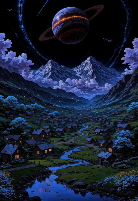 AnimeSky style, anime style, high lighting, Valley of small snowy mountains, with various small medieval houses around, with a stone path in the middle that reaches the horizon that accompanies a small river, with light clouds and a sunset of purple and blue tones, completely dark sky that has a planet with a ring of considerable size with reddish colors that emanates its own light covered by some clouds, stars, shooting stars, silhouettes of birds in the sky, magical luminescent plants that fill the valley and cherry trees