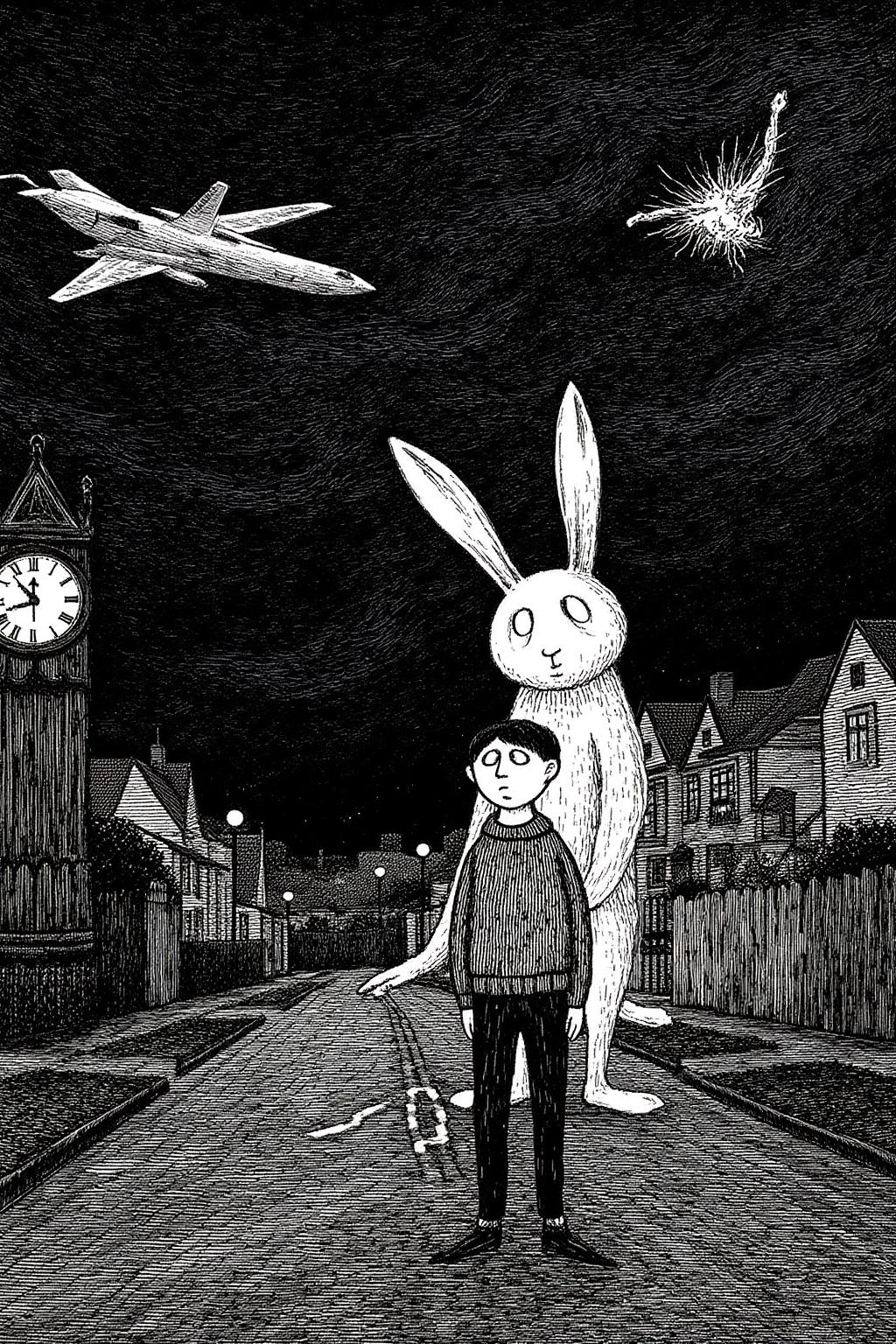 edwardgorey1 illustration.
A young man stands under a stormy sky, looking disturbed, with a ghostly giant rabbit looming behind him. The background features a suburban street with eerie lighting, a broken clock, and a jet crashing from the sky <lora:edwardgorey1_d8a4e11:1.0><lora:868188656957967782:0>