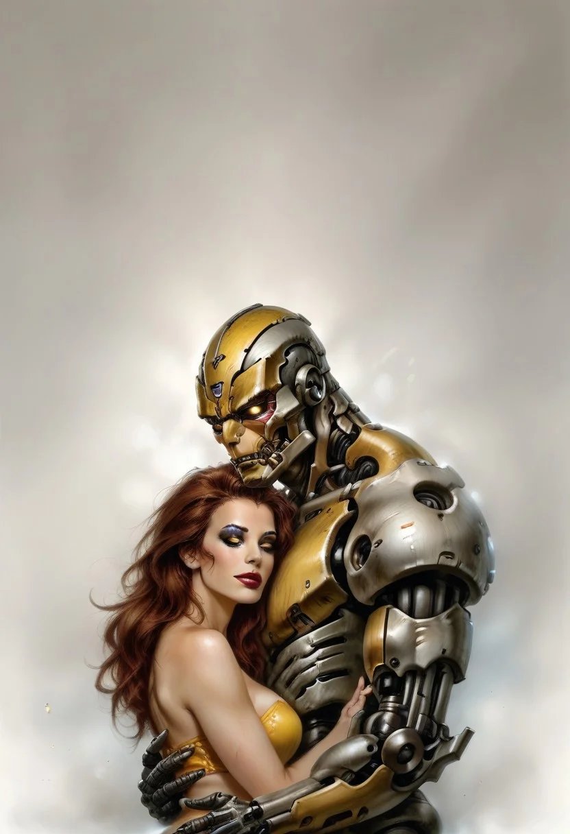 score_9, score_8_up, score_7_up, score_6_up, semi-realistic, (1girl), (1boy).
MonsterLove, male robot, Yellow robot.
blondie girl with sexy makeup.
Hug.