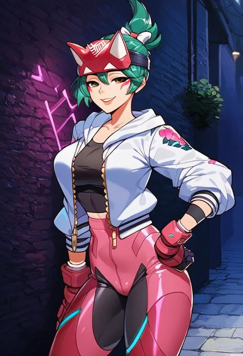 score_9, score_8_up, score_7_up, perfectly detailed face, Best detailed, source_anime, easynegative, Expressiveh, BREAK Solo, 1Girl, Slut, Kiriko(Overwatch), Green hair, (Pink Sci-fi Bodysuit, White jacket, Biker gloves, Sci-fi Boots,) Horny face, horny smile, BREAK back street, Street background, Neon light, Leaning against the wall, hands on hip