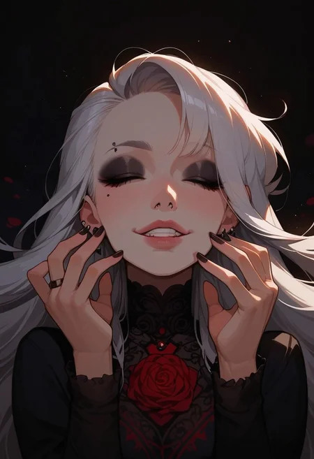 score_9, score_8_up, score_7_up, score_6_up, pretty woman, 21 year old, 1girl, very pale skin, white skin, goth girl, emo, eyeliner, eyeshadow, white hair, long hair, straight hair, closed eyes, happy, smile, pretty face, long hair, long sleeves, shirt, skirt, sexy pose