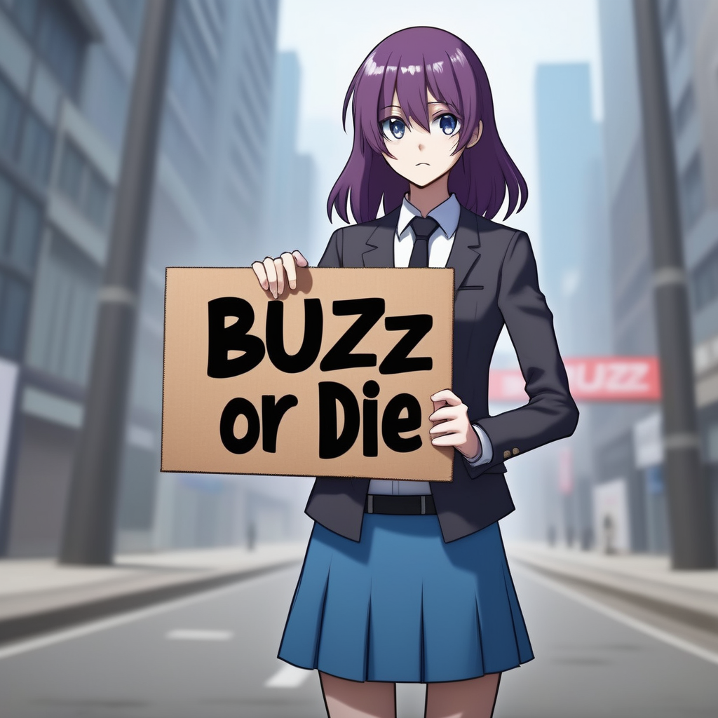 buzz, an anime elitist slender supermodel holding a cardboard sign that reads "buzz or die" <lora:buzz-text:.8>