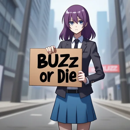 buzz, an anime elitist slender supermodel holding a cardboard sign that reads "buzz or die" <lora:buzz-text:.8>