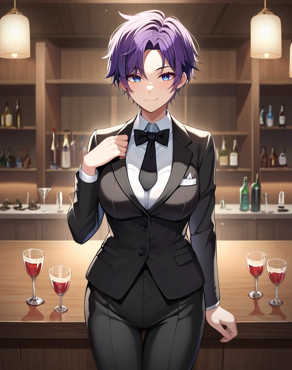 asahina_mafuyu, purple hair, purple eyes, blue eyes, gradient eyes, short hair, parted bangs, tomboy, breasts, tomboy, tuxedo, black jacket, black pants, girl butler, black necktie, BREAK indoors, bar BREAK looking at viewer, standing, cowboy shot, sexy smile BREAK score_9, score_8_up, score_7_up, source_anime ,zPDXL, perfect hand,<lora:Asahina_Mafuyu:0.8>,