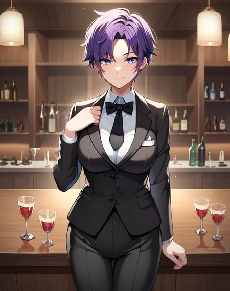 asahina_mafuyu, purple hair, purple eyes, blue eyes, gradient eyes, short hair, parted bangs, tomboy, breasts, tomboy, tuxedo, black jacket, black pants, girl butler, black necktie, BREAK indoors, bar BREAK looking at viewer, standing, cowboy shot, sexy smile BREAK score_9, score_8_up, score_7_up, source_anime ,zPDXL, perfect hand,<lora:Asahina_Mafuyu:0.8>,