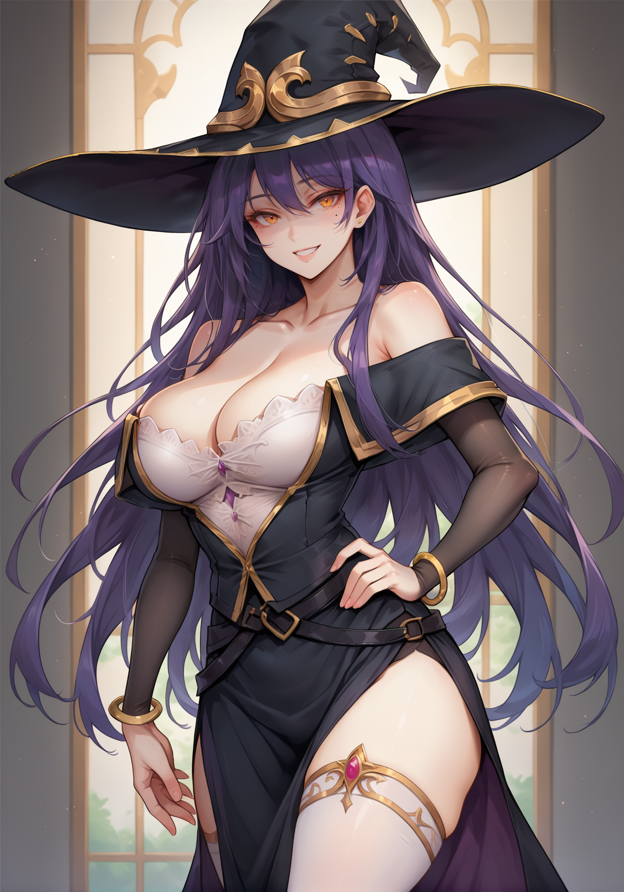 score_9, score_8_up, mlgswtch, <lora:Witch - Goblin Slayer - PDXL:0.8>, 1girl, solo,  bare shoulders, black bra, black panties, high heels, long sleeves, side slit,  gold trim, gold trimmed thigh highs, strapless,    mole under eye, large breasts, white bustier, smile,  bracelets, hand on one  hip,    contrapposto, witch hat,