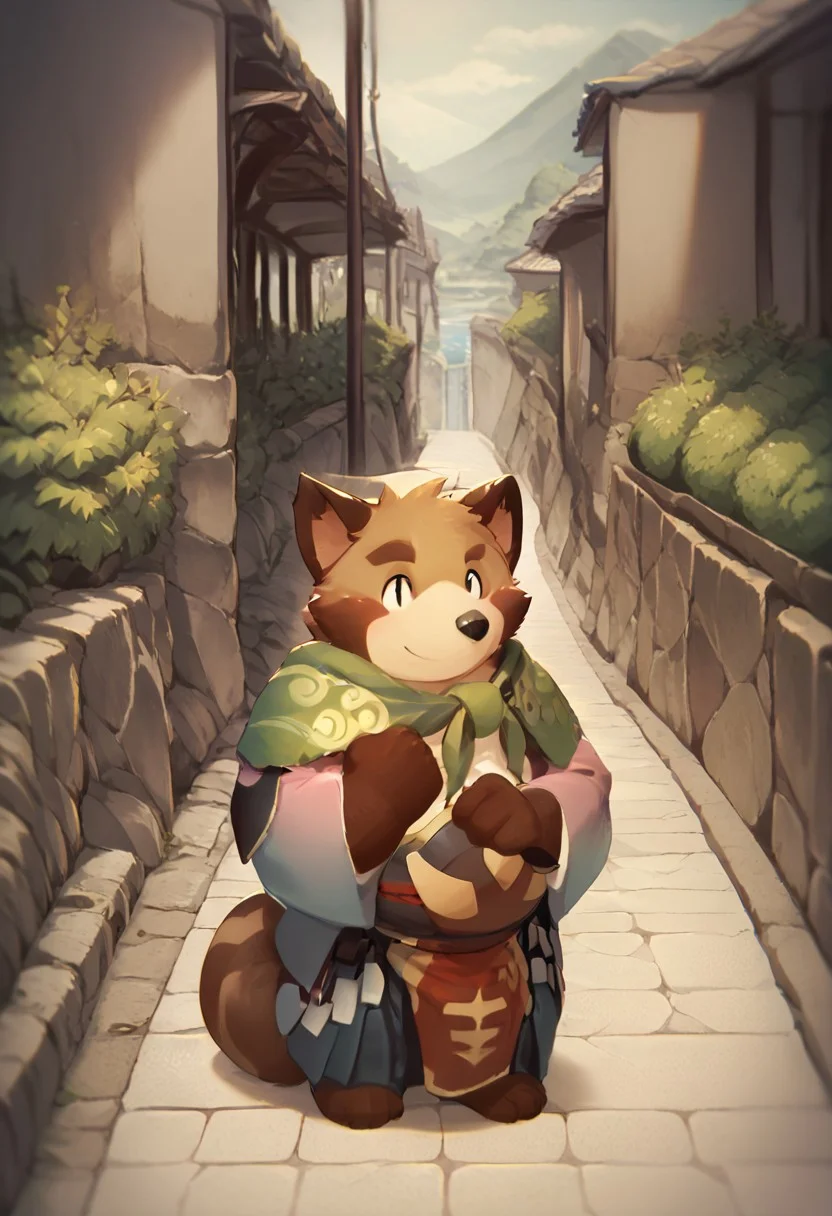 score_9,score_7_up,score_8_up,solo,chibi,1boy,furry,furry male,male focus, onomichi passage, scenery, road, outdoor, slope, smile, face view, aoba (kemo coliseum)