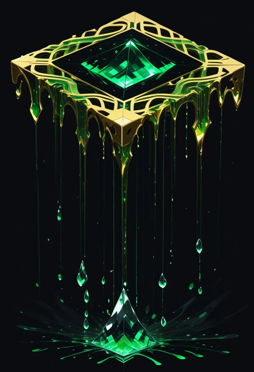 (masterpiece), best quality, Anime, (Floating Cube, Melting, Dripping), Black Background, No Humans, Green and Black Theme, Gold Filigree, (Light Refraction), Symphtia-Style