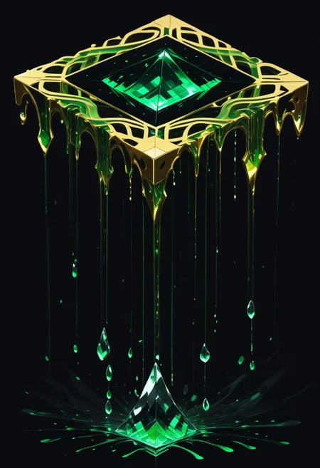 (masterpiece), best quality, Anime, (Floating Cube, Melting, Dripping), Black Background, No Humans, Green and Black Theme, Gold Filigree, (Light Refraction), Symphtia-Style