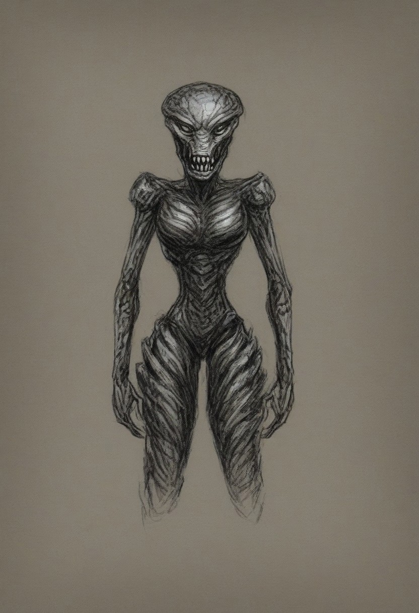 a nymphomaniac female alien with a gruesome appearance. The alien has multiple eyes and sharp teeth. She is wearing a metallic outfit. The background is chaotic, with destroyed buildings and debris. The lighting is good, with a soft glow on the alien's body. There is a shadow of the alien on the ground.