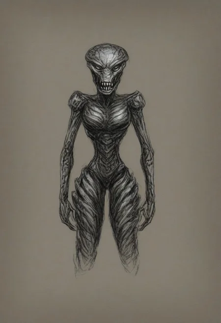 a nymphomaniac female alien with a gruesome appearance. The alien has multiple eyes and sharp teeth. She is wearing a metallic outfit. The background is chaotic, with destroyed buildings and debris. The lighting is good, with a soft glow on the alien's body. There is a shadow of the alien on the ground.