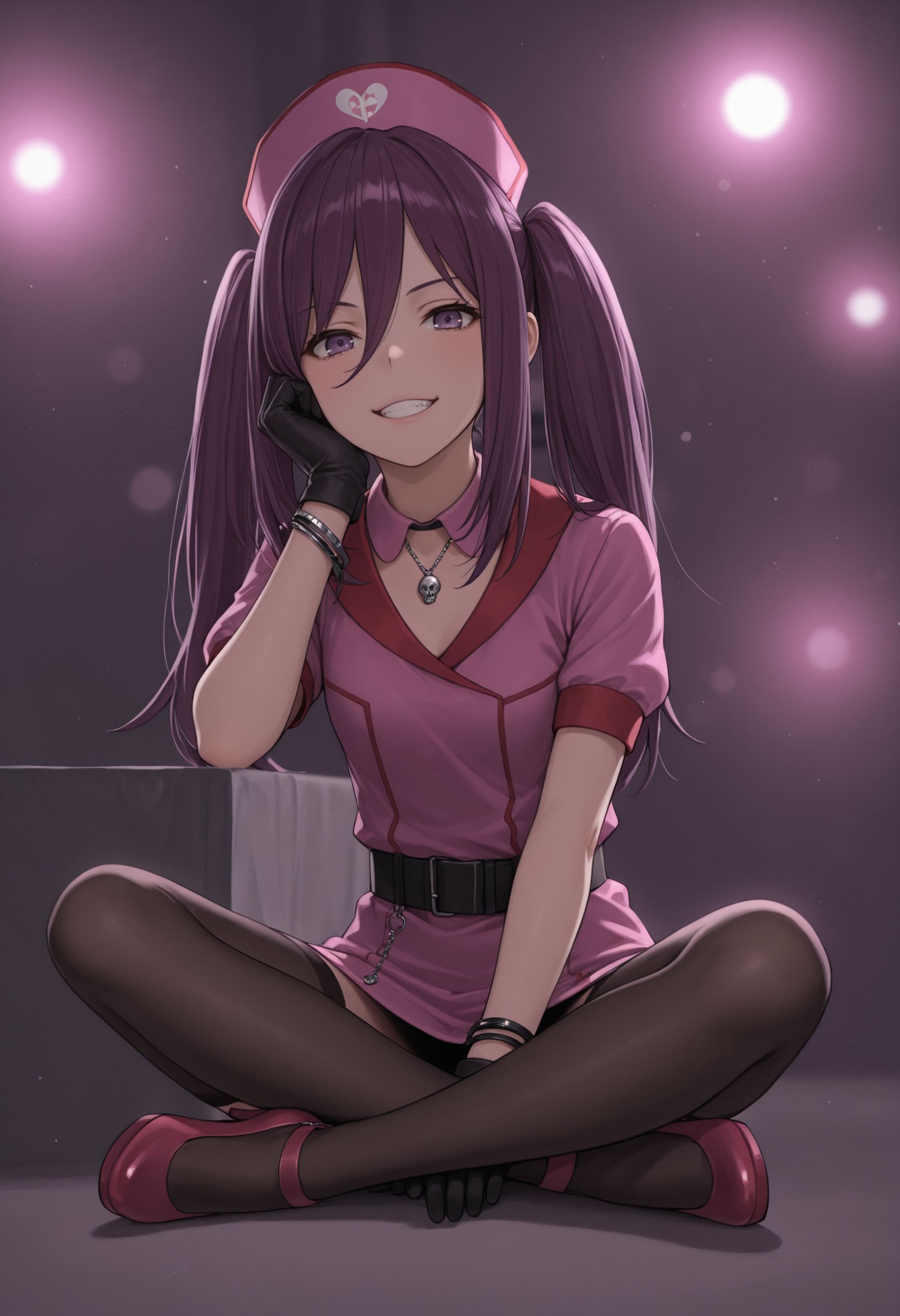 masterpiece,best quality,absurdres,highres,very aesthetic,high quality,detailed,insanely detailed,beautiful,perfect lighting, ,depth of field,blurry background,bokeh, looking at viewer, 
very aesthetic, , very awa  ,    <lora:Mitori Kouzaku illu V2:1> 1girl, twintails, purple hair, long hair, hair between eyes, purple eyes, hat, nurse cap, black gloves, jewelry, bracelet, dress, belt, short sleeves, black thighhighs, zettai ryouiki, high heels,necklace, skull
simple background, indian style, elbow rest, crossed legs, full body, grin,