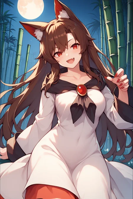 score_9, score_8_up, score_8, score_9, 1 girl, source_anime, <lora:kagerou_pony-10:1> brown hair, long hair, wolf ears, animal ears, dress, white dress, fang, red eyes, imaizumi kagerou, bamboo forest, bamboo, full moon, night, smug, red nails, claws