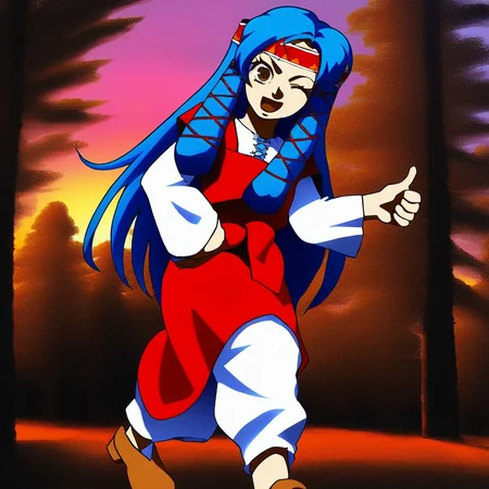source_anime, 1girl, solo, myu, blue long hair, headband, bangs, brown eyes, light red pinafore dress, white long-sleeve shirt, brown shoes, one eye closed, looking at viewer, smile, opened mouth, thumbs_up, hand on hip, trees, sunset, outdoors