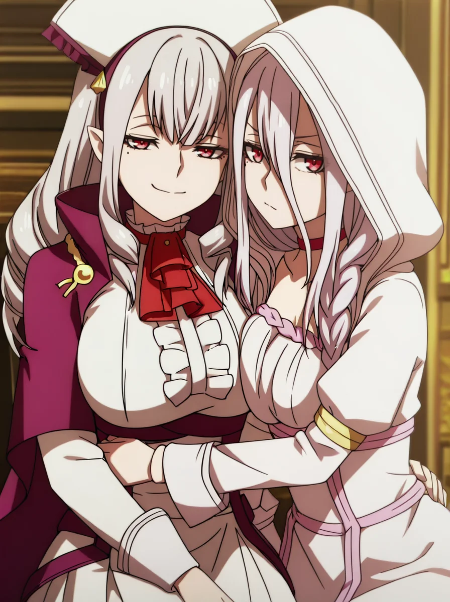 masterpiece, best quality, amazing quality, very aesthetic, absurdres, newest, anime screenshot, anime coloring, , 2GIRLS side-by-side, hug
BREAK <lora:SophiaKeren:0.8>sophiakerenkumo, 1girl, long hair, solo, breasts, large breasts, smile, ,breasts, large breasts, smile, cape, red eyes, mole under eye, skirt, ascot, pointy ears, drill hair sitting smirk smug, indoors, looking at viewer,
BREAK <lora:ShiraoriKumo:0.8>shiraoriillust, 1girl, long hair, solo, braid, choker, breasts, hood, dress, hair between eyes, single braid, red eyes, looking at viewer, white dress annoyed,