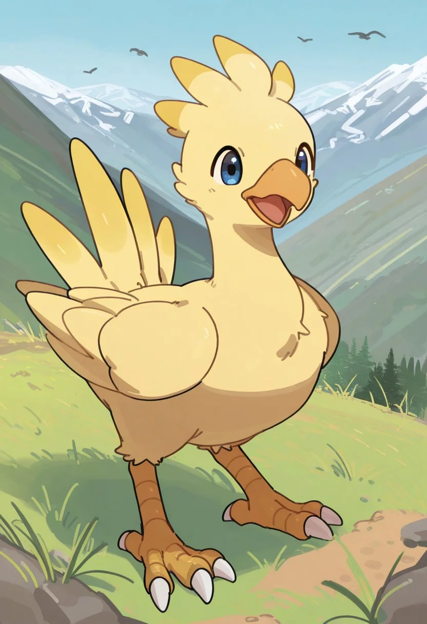 masterpiece,best quality, squatting, chocobo,solo,beak, no humans, blue eyes, open mouth, standing, bird, solo, full body, animal focus, talons, claws, pokemon (creature),grass,mountains,outdoor,NSFPINE18,