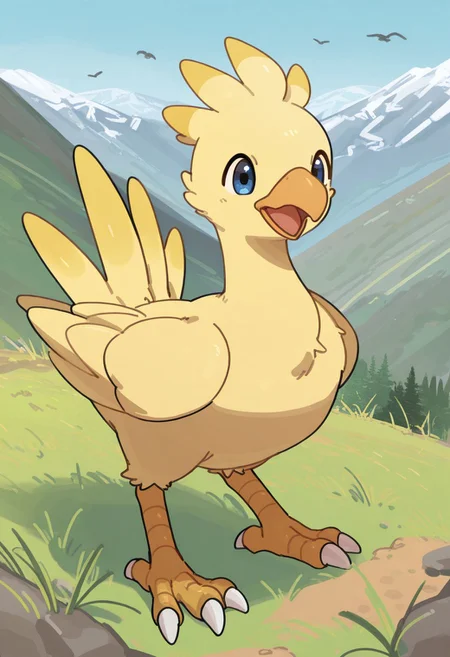 masterpiece,best quality, squatting, chocobo,solo,beak, no humans, blue eyes, open mouth, standing, bird, solo, full body, animal focus, talons, claws, pokemon (creature),grass,mountains,outdoor,NSFPINE18,