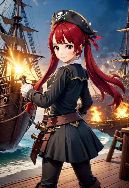 1girl,cute and beautiful face, pirate theme, full body, fighting stance,practical pirate attire, (long-sleeved pirate blouse),pirate hat, looking at viewer,(pirate ship),realistic lighting,masterpiece,photograph <lora:Ami_Arakawa:7>,happy, emotes feelings of adventure,red hair,twintails,smile, sword in hand,in battle