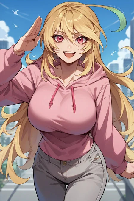 score_9, score_8_up, score_7_up, score_6_up, source_anime, 1girl, solo, <lora:toxmilla-pdxl-nvwls-v1-000005:1> tox1milla, blonde hair, multicolored hair, ahoge, big breasts, pink hoodie, grey pants, looking at you, happy, salute, city