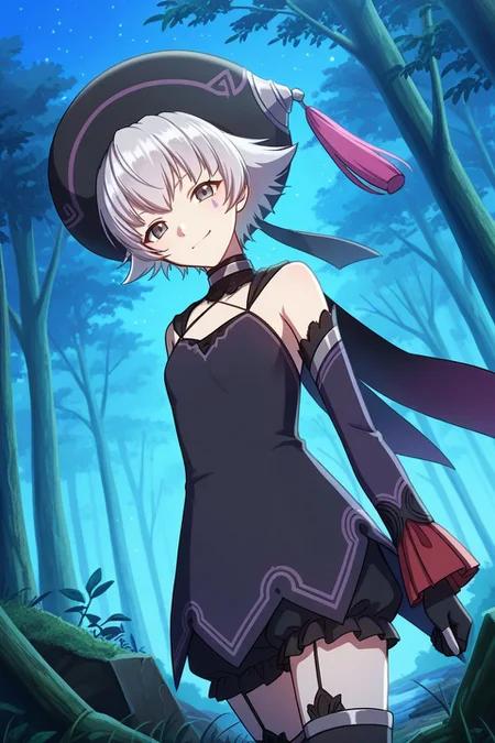 source anime, detailed, official art, masterpiece,
<lora:HandFineTuning_XL:1>
BREAK,
ruins, forest, night,
smirk, cowboy shot, dynamic angle,
BREAK,
<lora:atoliShino_illustriousXL_v01:0.9>
gushino,silver hair, gray eyes, facial mark, black dress, black headwear, black bloomers, black thigh boots, black cape, single facial mark, bare shoulders, detached sleeves, garter strap,
BREAK,