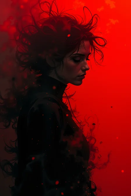 a potrait colseup of a humble beauty,red and black, smoke,haze, melancholy, sad, deep in thoughts, messy, abstract, nebula<lora:flux_manga_ske:0.2><lora:Vintage comic book:0.5><lora:RetroAnimeFluxV1:0.3><lora:Greg_Capullo_style:0.3>