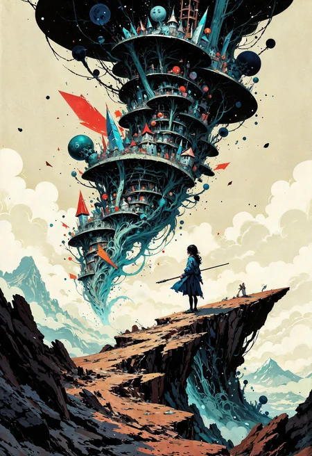 (in Otomo Katsuhiro style:1.2), masterpiece, high-quality, A ghostly painter dressed in flowing ink-stained garments, wielding an oversized brush as though its a weapon, Each stroke she paints on thin air brings to life fragments of a surreal landscape a floating palace a river of stars, mountains growing like crystalsâhovering around her in a swirling vortex of imagination, creation in motion, surreal fragments, floating art, Stylized anime with painterly abstract effects and a sense of fluidity, (elaborate fine details:1.1), (hyperdetailed:1.1), (intricate details:1.0), (Refined details:1.1), (best quality:1.1), (high resolution:1.2), <lora:FLUX\Anime v1.3:0.6> <lora:FLUX\VividlyReal:0.6> <lora:FLUX\FLUX-daubrez-DB4RZ:0.4>