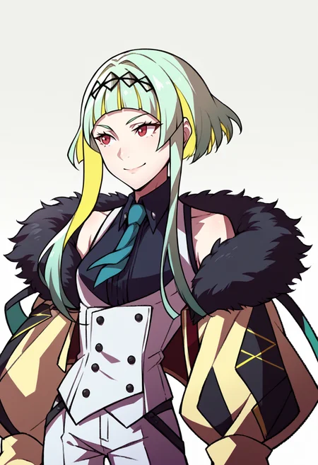 score_9, score_8_up, score_7_up, source_anime, BREAK solo, 1girl, <lora:zs_AwakeningPortraitsXL:1>, awakeningportraits, portraits, white background, <lora:Ringo-pdxl_Fp:1>, ringosh2, short hair with long locks, green hair, multicolored hair, red eyes, hairband, white vest, white shorts, necktie, shirt, body markings, sleeveless, collared shirt, jacket, cropped jacket, fur trim, smile
