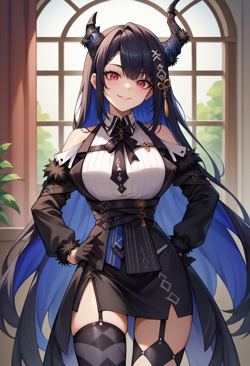 score_9, score_8_up, score_7_up, source_anime, 1girl, solo, NerissaBase, colored inner hair, black hair, blue hair, red eyes, slit pupils, uneven horns, long hair, hair ornament, black ribbon, fur-trimmed sleeves, black sleeves, collared shirt, white shirt, ribbed shirt, shoulder cutout, black gloves, black skirt, miniskirt, side slit, singe leg pantyhose, checkered pantyhose, black thighhighs, asymmetrical legwear, smile, indoors, hand on hip, <lora:ChamNerissaRavencroftPonyXL:1>