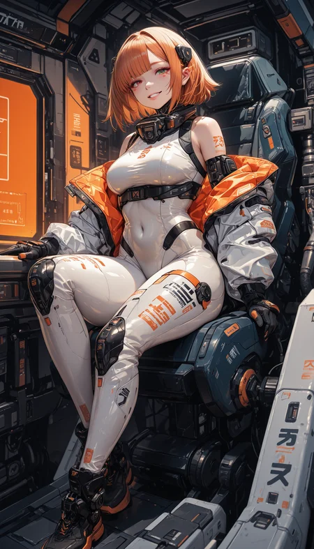 cyberpunk masterpiece, best quality, good quality, very aesthetic, absurdres, newest, 8K, depth of field, focused subject,   A vivid illustration of a female character with a futuristic aesthetic. She has auburn hair, red eyes, and is adorned with a pair of large, pointed ears. The character is dressed in a white bodysuit with blue and orange accents, and she is equipped with a technologically advanced device on her shoulder. She is posed in a dynamic, action-ready stance, with one hand raised and the other resting on her hip. The background is a blend of cool and warm colors, with hints of metallic structures and machinery, suggesting a spaceship or advanced facility. The style of the image leans towards digital art with a high level of detail and realism. The camera angle is a full body front view. 1girl, solo, breasts, looking_at_viewer, smile, short_hair, large_breasts, gloves, hair_between_eyes, bare_shoulders, sitting, green_eyes, jacket, thighs, open_clothes, black_gloves, off_shoulder, orange_hair, grin, open_jacket, covered_navel, bodysuit, headgear, skin_tight, white_bodysuit, cockpit, cyberpunk