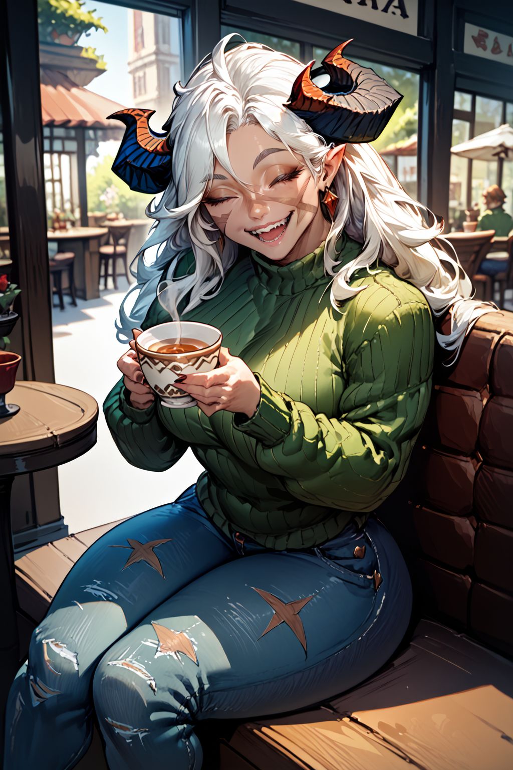 score_9, score_8_up, score_7_up, masterpiece, high quality, extreme detail, absurdres, (detailed skin texture) 
 <lora:Desmos SalamandisPonyLora:1>desmos, scars on face, horns, green sweater, jeans, sitting, in a cafe, holding a cup of tea, laughing, thick thighs