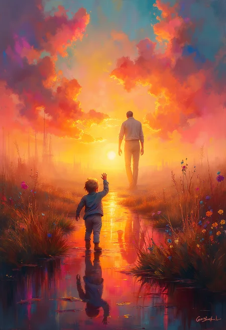 A child standing, waving goodbye to a father who is far in the distance, walking into the sunset, vibrant glow, the words "Good Bye" on top