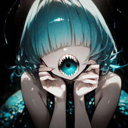 masterpiece, best quality, good quality, newest, very awa, very aesthetic, body horror, horror \(theme\),
messy lineart, aliasing, pikuson, narue+, parsley-f, sowao\., realistic-,
1girl, aged up, monster girl, anglerfish girl, glowing antenna, blue hair, hair over eyes, no eyes, blunt bangs, turquoise hair, green highlights, turquoise tongue, mouth focus, extreme close-up, sharp teeth, :o, big mouth, circular mouth, large mouth, grey skin---, head tilt,
looking at viewer, straight-on, posing, fingernails on cheek, sequin dress, scale dress, turquoise dress, sharp fingernails, sleeveless shirt,
black background, dark, chiaroscuro, cinematic lighting, vignette, spotlight,