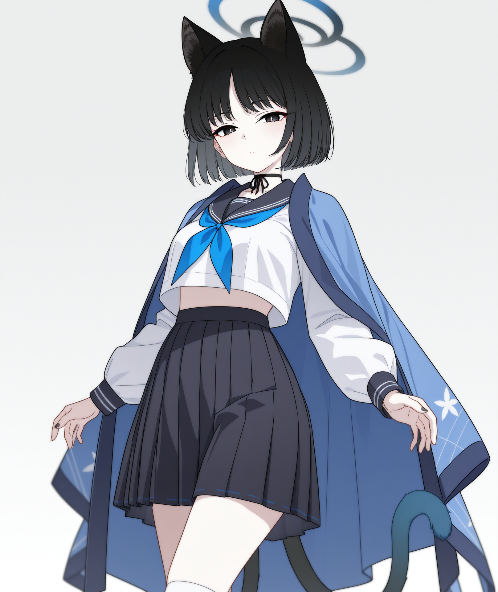 official art, absurdres, highres, anime coloring, hi res, best quality, masterpiece, 2d, intricate details, 4k,
1girl, solo, eyelashes, nose, short hair, bangs, brown hair, black hair, black eyes, antenna hair, halo, 
animal ears, tail, cat ears, cat tail, cat girl, double tail,
breasts, black skirt, sailor collar, shirt, long sleeves, school uniform, white shirt, midriff, crop top, neckerchief, black sailor collar, blue neckerchief, choker, blue cape, cape, 
skirt, pleated skirt, serafuku, socks, kneehighs, white socks,
cowboy shot, looking at viewer, 
depth of field, white background, gradient background,  <lora:Kikyou_(Blue_Archive)_ILXL:1>, kikyou \(blue archive\),