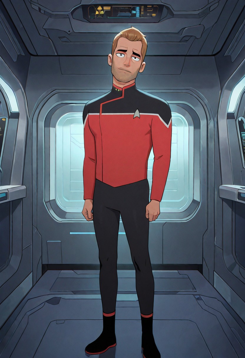 masterpiece, best quality, newest, perfect quality, best quality, detailed background, intricate details, male focus, anime, solo, jackrans0m, 1boy, mature male, muscular, black eyes, stubble, star trek uniform, red two-tone uniform, black pants, uniform boots, spacecraft interior, looking at viewer, head tilt