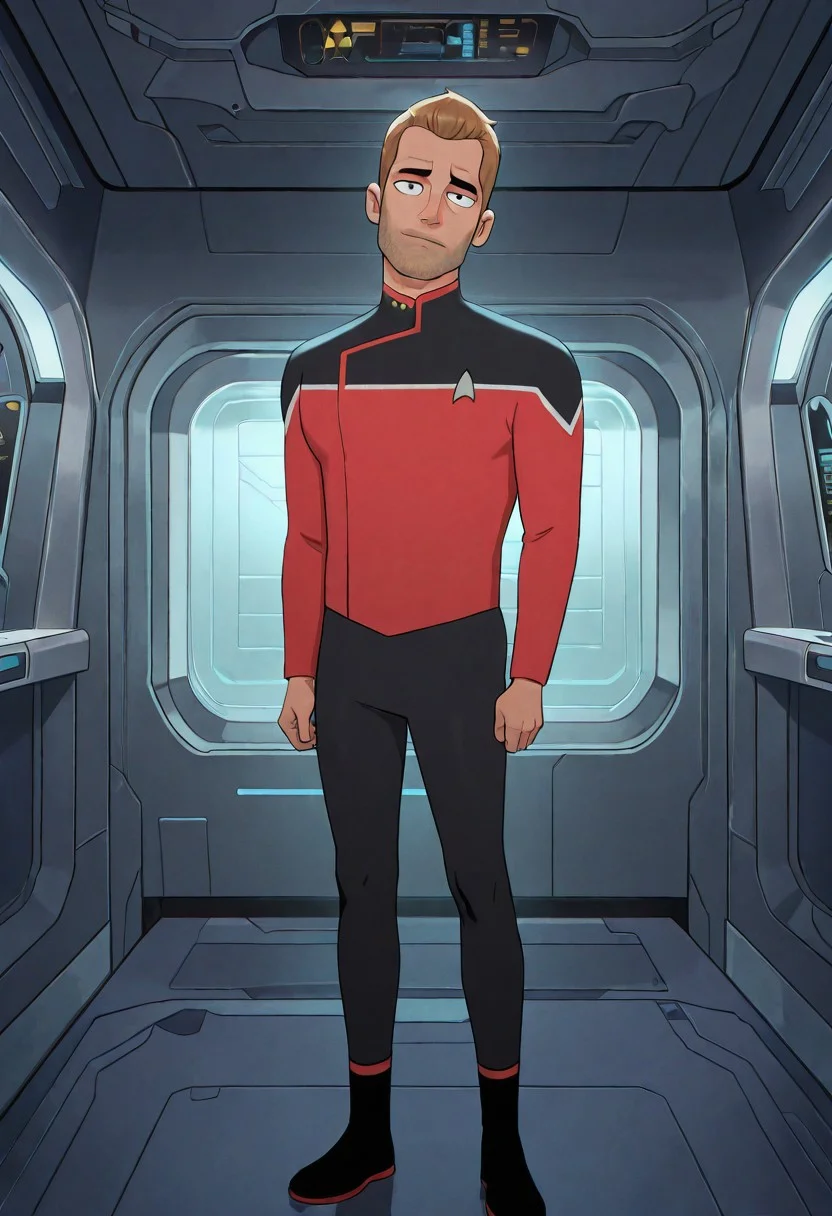 masterpiece, best quality, newest, perfect quality, best quality, detailed background, intricate details, male focus, anime, solo, jackrans0m, 1boy, mature male, muscular, black eyes, stubble, star trek uniform, red two-tone uniform, black pants, uniform boots, spacecraft interior, looking at viewer, head tilt