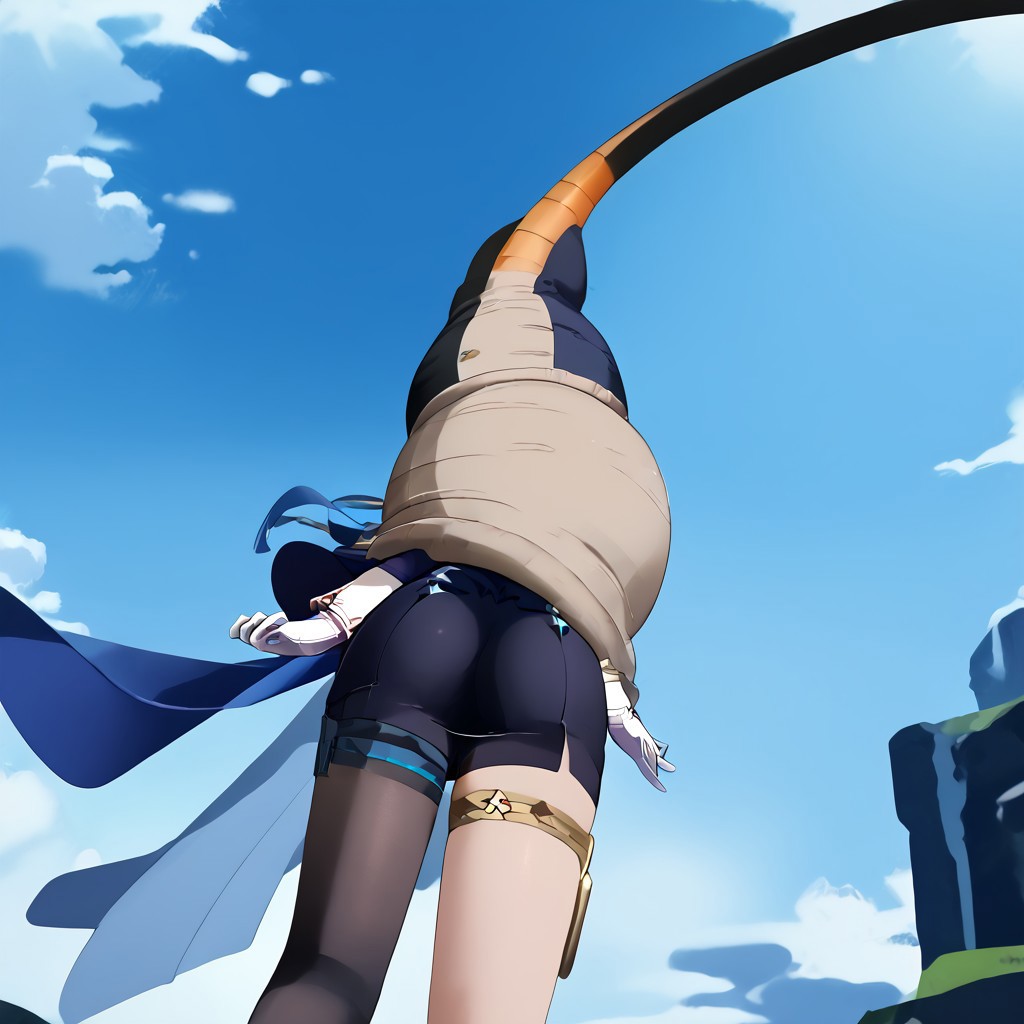 ,4K,masterpiece,best quality,score_9,score_8_up,score_7_up,source_anime,(cellvore:1.55),1girl,clorinde_\(genshin_impact\),tricorne,white_gloves,large_breasts,white_shirt,epaulettes,blue_hat,hat_feather,blue_cape,black_skirt,thigh_strap,black_pantyhose,pencil_skirt,(pregnant:1.25),ass, ass focus, from below