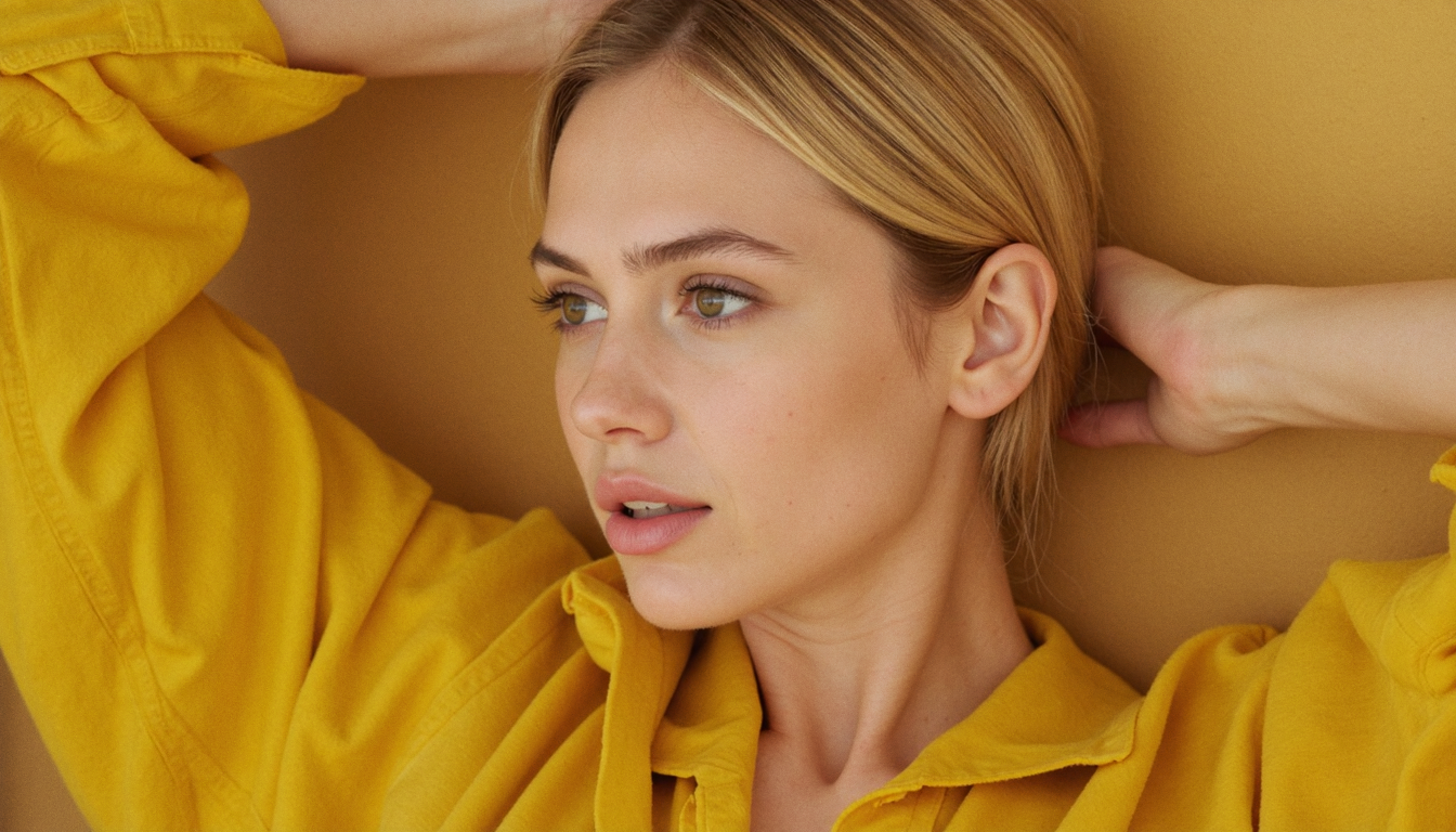 Isabel Lucas as Pauline in a contemplative close-up. She is dressed in a vibrant yellow blouse, her platinum blonde hair pulled back in a loose bun. Her expression is thoughtful and introspective, adding a subtle emotional depth to the scene.  