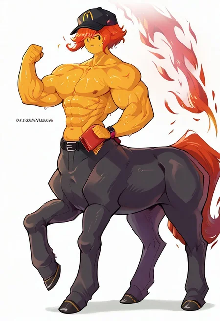 safe_pos, taur, (white equid taur), centaur, (equine) taur, lora:Wmdiscovery93_Style_PonyXL:0.8>, by wmdiscovery93, wmdiscovery93, monster girl, centauroid, taur, twitter watermark, score_9, score_8_up, score_7_up, source_cartoon, ((solo)), 1boy, sexy boy, (Flame Princess), fiery hair, large biceps, black shoes, boy facing viewer, bare shoulders, dynamic sexy pose, shiny skin, sweaty abs, pants, seme, muscular, muscular male, large pectorals, topless, black eyes, black eyeshadow, employee uniform, mcdonald's, belt, black pants, hat, wristwatch, white background, side view, looking at viewer, eye contact, portrait, close up, half body, (wide_hips), big_muscles, bubble_butt