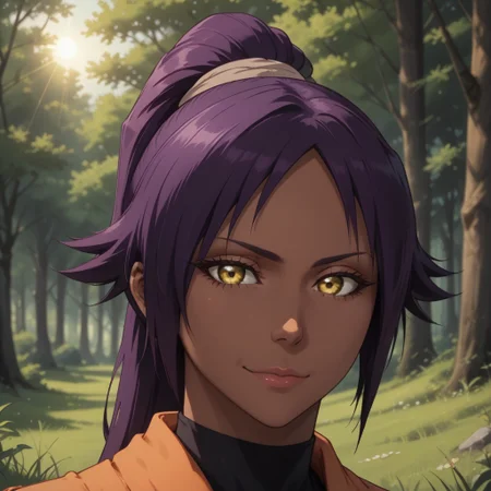 score_9, score_8, BREAK, solo, Shihouin_Yoruichi_(Bleach), 1girl, golden eyes, long hair, purple hair, bangs, ponytail, black leotard, black thighhighs, big breasts, dark skin, dark skin female, self portrait, smile, looking at viewer, outdoors, sunlight, shadows, evening lighting, natural lighting, forest, trees, grass, orange sky, sunset