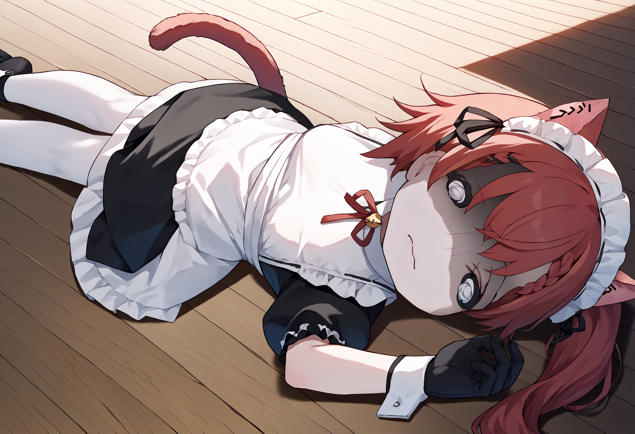 score_9, score_8_up, score_7_up, score_6_up,@ @, shaded face nekota3rd, long hair, braid, side ponytail, maid headdress, animal ears, frills, black dress, neck ribbon, white apron, maid apron, frilled apron, puffy short sleeves, wrist cuffs, black gloves, cat tail<lora:vspo_nekotatsuna_ponyXL:.9>  source_anime, <lora:TraumatizedGotoh_pdxl_Incrs_v1:1.3>, laying on floor, wooden floor,