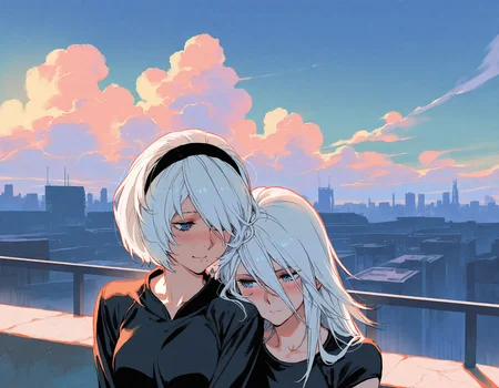 masterpiece,best quality,newest,very aesthetic,absurdres,very awa,highres,(yoneyama mai:0.8),(rella:0.5),(cutesexyrobutts:0.6),(ilya kuvshinov:0.7),newest,year 2024,year 2023,<lora:ponyv4_noob1_2_adamW:0.6>,2girls BREAK (2b \(nier:automata\), white hair, blue eyes, short hair, casual,) BREAK (a2 \(nier:automata\), white hair, blue eyes, long hair, casual, ) BREAK blush,evening,messy hair,yuri,rooftop,cityscape,cloudy sky,head on another's shoulder,tragedy,bad end,sad smile,light,looking at another,