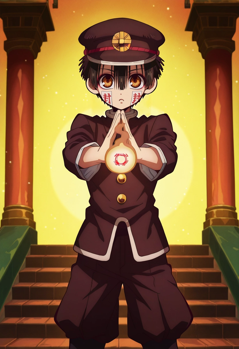 masterpiece, best quality, , anime screencap, anime coloring, official style, looking at viewer, 1boy, solo, male focus, <lora:hanako-kun_ilxl:0.96>, hanako-kun, black hair, brown eyes, short hair, hair between eyes, bangs, hat, black headwear, , ofuda, enchanted tower, magical windows, floating stairs, spell circles, casting pose, concentrated expression, magical lighting,