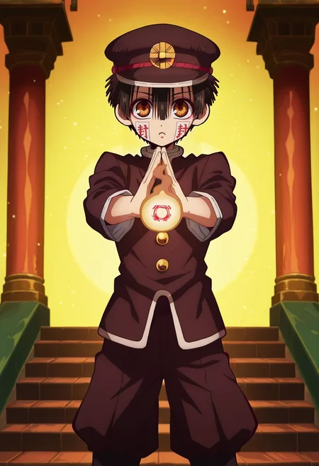 masterpiece, best quality, , anime screencap, anime coloring, official style, looking at viewer, 1boy, solo, male focus, <lora:hanako-kun_ilxl:0.96>, hanako-kun, black hair, brown eyes, short hair, hair between eyes, bangs, hat, black headwear, , ofuda, enchanted tower, magical windows, floating stairs, spell circles, casting pose, concentrated expression, magical lighting,