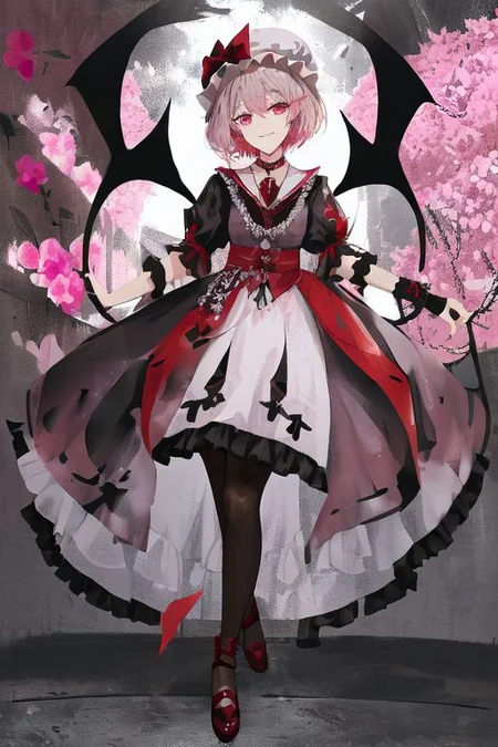 embroidery, jewelery, gown, frills, gloves/elbow gloves, high heels/shoes, pantyhose/thighhighs, remilia_scarlet_(koumajou_densetsu), solo, 1girl, smile, short_hair, shirt, red_eyes, bow, blush, hat, ribbon, dress, hair_ornament, frills, blue_hair, jewelry, puffy_sleeves, short_sleeves, red_bow, wings, mob_cap, nail_polish, pink_eyes, flower, ascot, pantyhose, sidelocks, detached_sleeves, hat_ribbon, shoes, pointy_ears, grin, wrist_cuffs, bat_wings, sword, fingernails, white_headwear, black_pantyhose, high_heels, hat_bow, collar, fang, sash, black_gloves, choker, petals, white_dress, fingerless_gloves, polearm, lips, hair_flower, expressionless, frilled_sleeves, hat_flower, brooch, pink_dress, red_sash, armband, sharp_fingernails, frilled_dress, collared_dress, coat, wing_collar, red_footwear, spear_the_gungnir, long_fingernails, light_purple_hair, eyelashes, bridal_gauntlets, cross, clenched_teeth