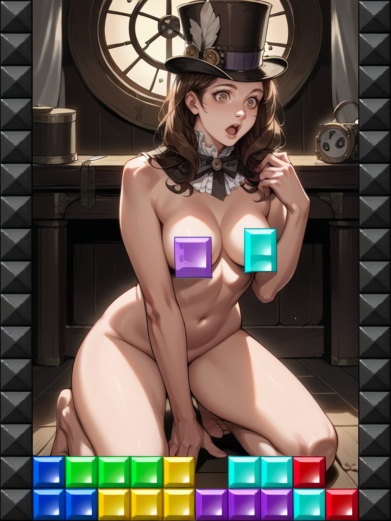 score_9,score_8_up,score_7_up,source_anime,rating_questionable,detailed face,higres illustration,1girl,<lora:tetris_censoring:1>,tetris,convenient censoring,realistic,steampunk,long brown hair,kneeling,dark room,surprised,top hat,