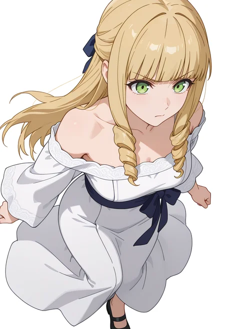 Smooth Quality,masterpiece,very intricate, high quality details, ultra realistic, high detailed skin,detailed enviorement,absurdres,
simple background, white background,
,from above,annoyed,determined,
yukata, ,off-shoulder blouse, ,long skirt, , <lora:Fiatoio_Annacnn:0.7> fannacnn, 1girl, blonde hair, green eyes, long hair, blunt bangs, sidelocks, drill hair, mary janes,