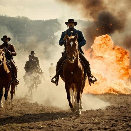 cinematic film still of <lora:detailed:0.2>
<lora:perfection style:0.2>
<lora:Ron Fricke style:0.1>
<lora:Django Unchained film style:0.8>
In 1858 a group of exploding horses running through a fire field explosion,weapon,sword,animal,smoke,riding,explosion,horse,horseback riding,war , 1800's, western film style, Django Unchained film style, cinematic explosio, shallow depth of field, vignette, highly detailed, high budget, bokeh, cinemascope, moody, epic, gorgeous, film grain, grainy